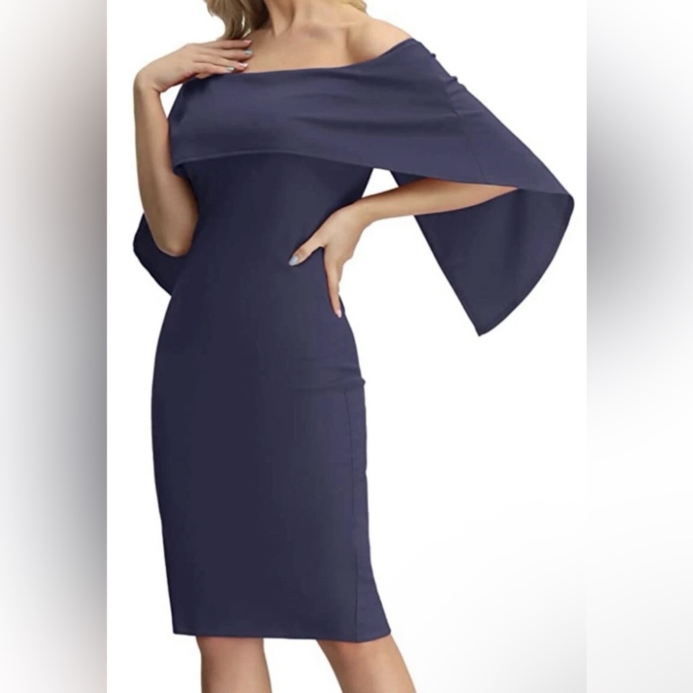 Grace Karin Elegant Off-Shoulder Cape Style Dress- Navy- Size Medium- NWT